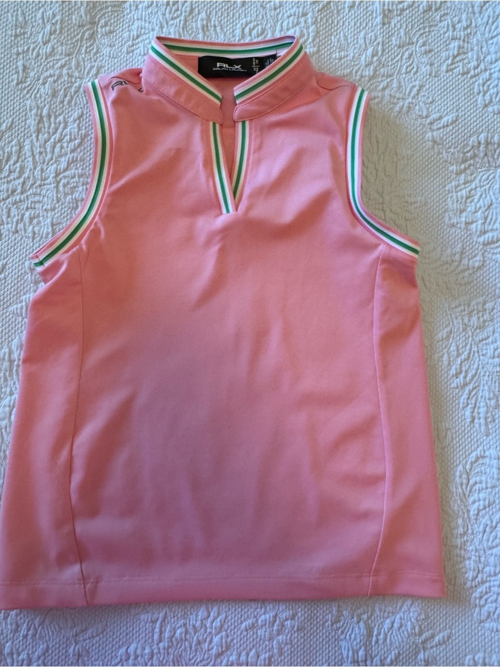 RLX Ralph Lauren Girls 6X Pink Sleeveless Golf Polo Top Striped Trim